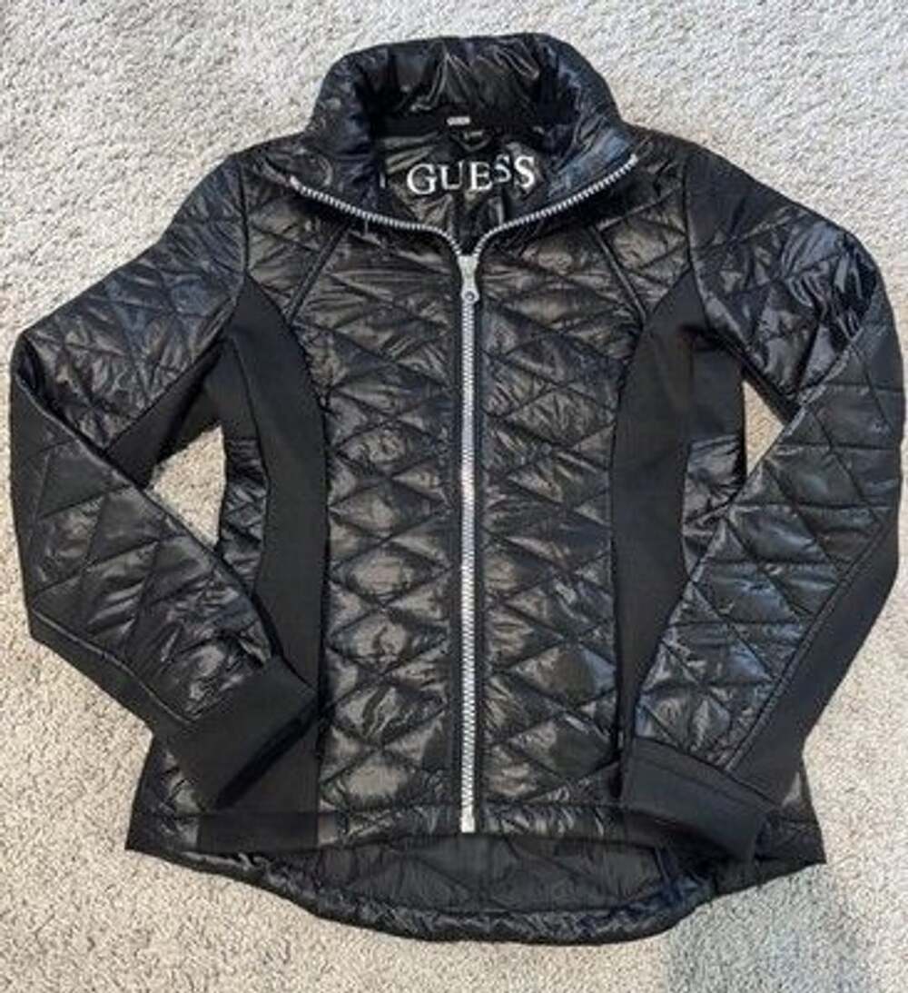 GUESS Black Quilted Full Zip Mid-Length Activewear Jacket S 100% Polyester